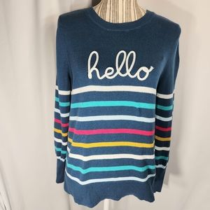 Time and Tru Teal w/ Multicolored Stripe Long Sleeve hello Sweater Size Medium
